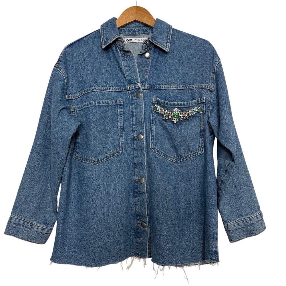 Zara Jean Jacket Rhinestones Raw Hem Streetwear Size Small Feminine Chic - Picture 7 of 15